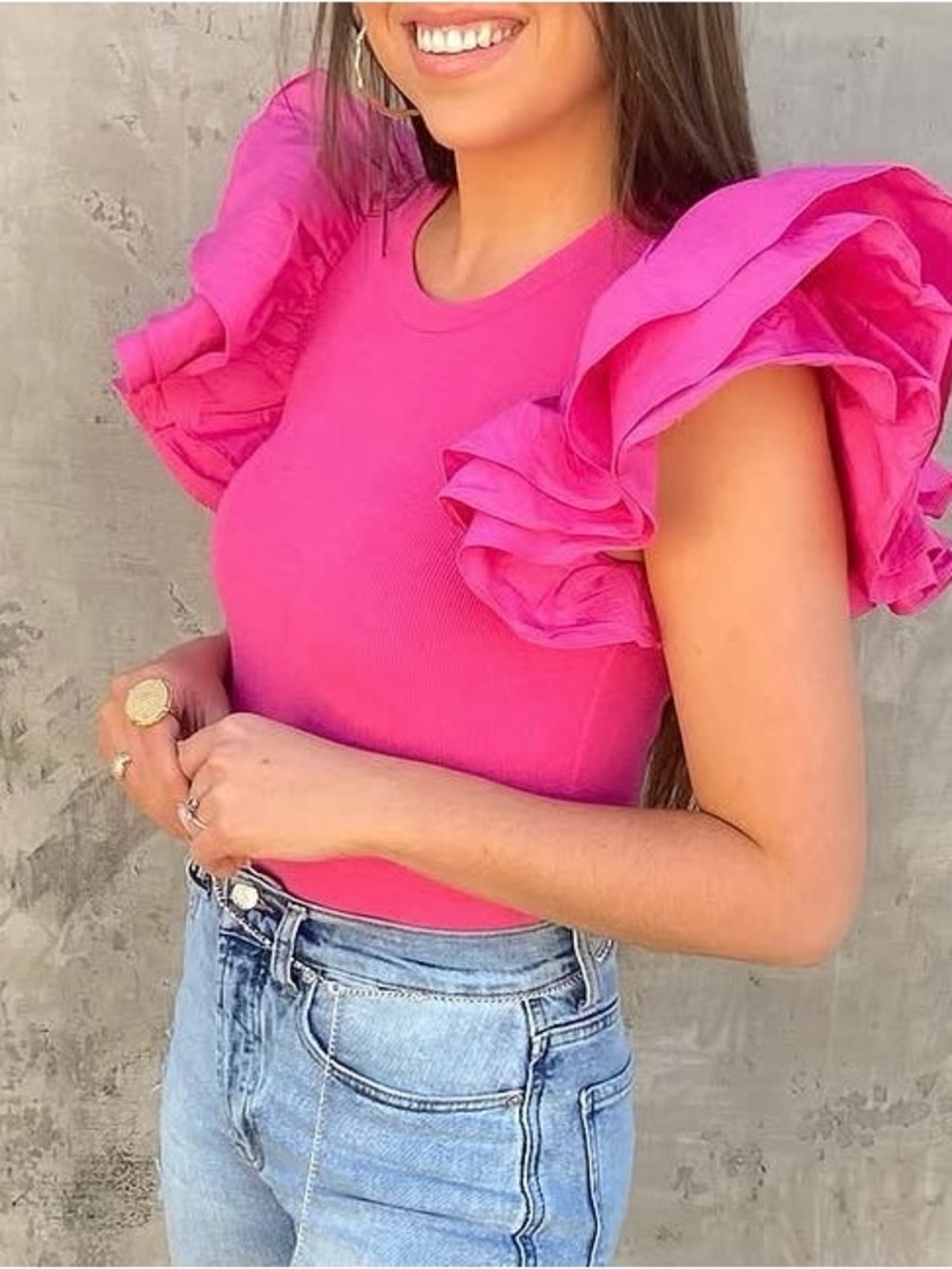 SHEIN Hot Pink Ruffle Sleeve Bodysuit